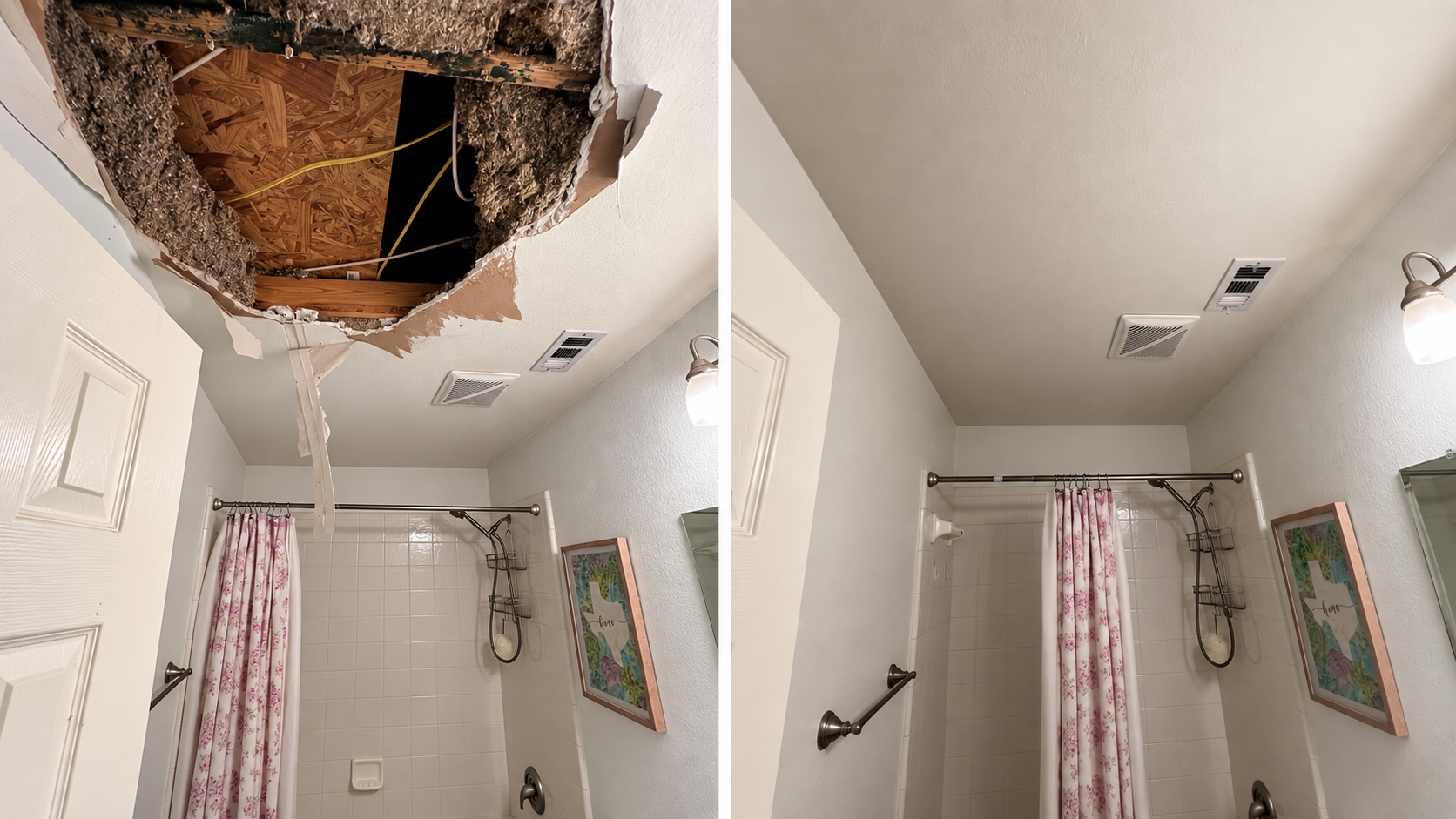 Bathroom ceiling drywall repair by N&M Services: before and after of a water-damaged ceiling replaced and finished with a smooth painted ceiling.